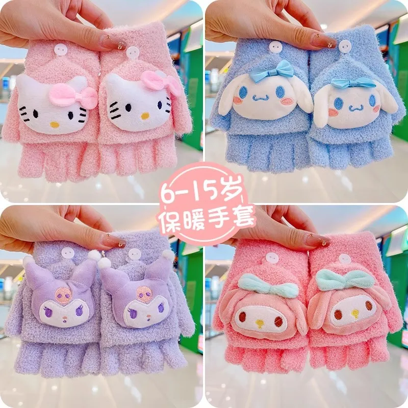 Sanrio Anime HelloKitty Kuromi Children'S Gloves Winter Girl Cute Warm Flip Thickened Half Finger Gloves Girl'S Birthday Present