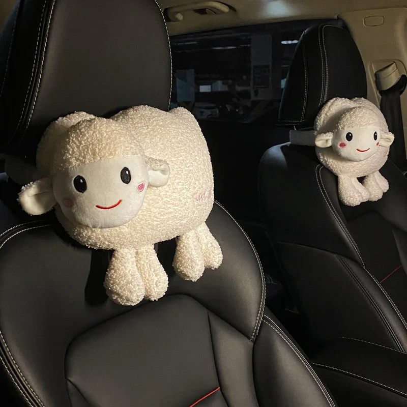 Plush Bowknot Car Headrest Cartoon Animal Sheep Anime Bear Pig Neck Protector Creative Crab Auto Throw Pillow Car Accessories