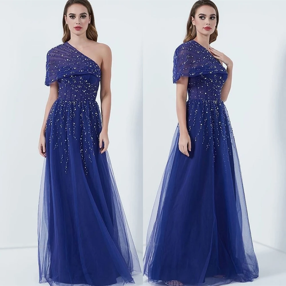 

Customized Exquisite Tulle Crystal Evening Dress Simple One Shoulder Prom Dresses Modern Sweep Train Special Occasion Gowns