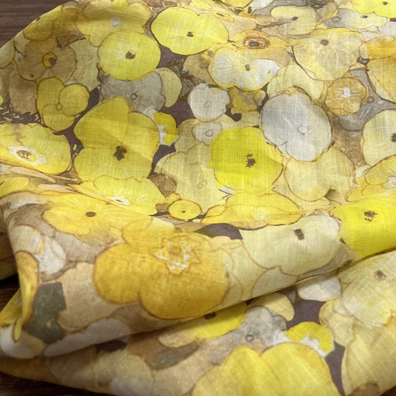 

Cheongsam Hanfu Fabric Yellow Floral Print 100%Ramie Skin Friendly Material Handmade DIY Vintage Breathable Summer Dress Making
