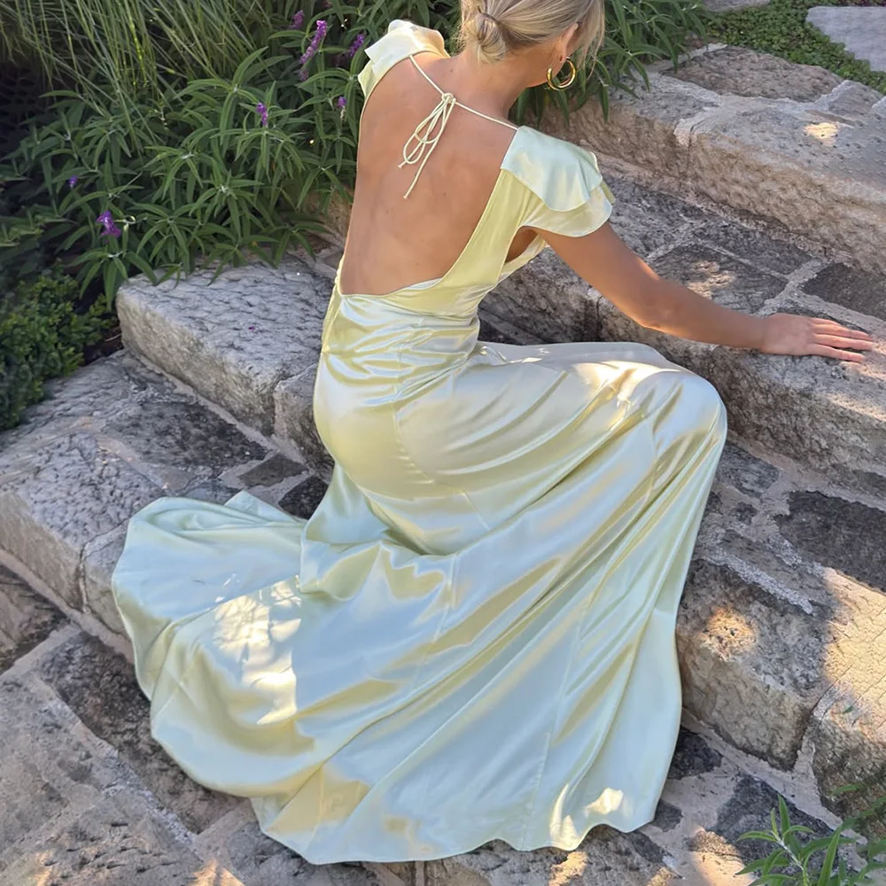 

2026 Spring New Arrival V-Neck Low-Cut Satin Dress Spring Sexy Backless Tie-Front Strapless Ruffled Flounce Slim-Fit Party Gown