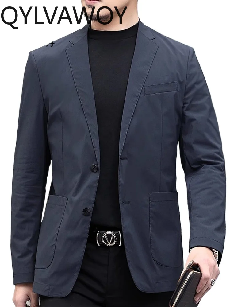 QYLVAWOY 100% Polyester Men's Business Casual Blazer Outfit Single Breasted Suit Middle-Aged Versatile Thin Suit Jacket LJ2139