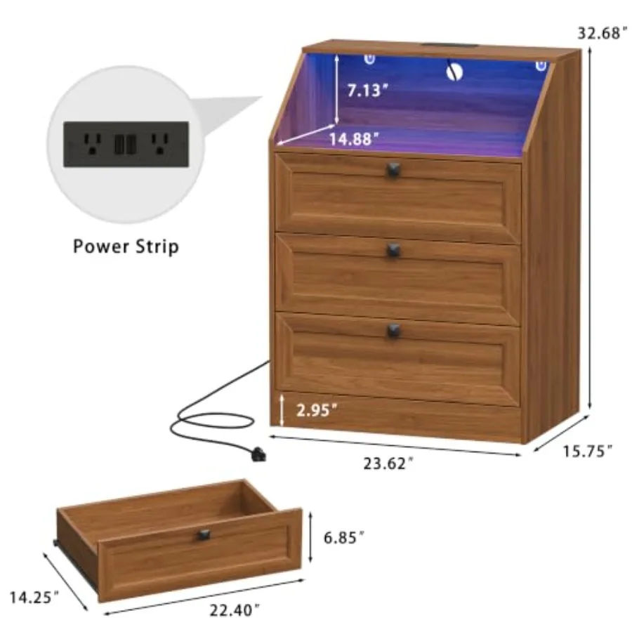 Dresser 3 Drawer Nightstand, Wood Night Stand with LED Lights, Charging Station, Metal Handles, Modern Storage Cabinet and Orga