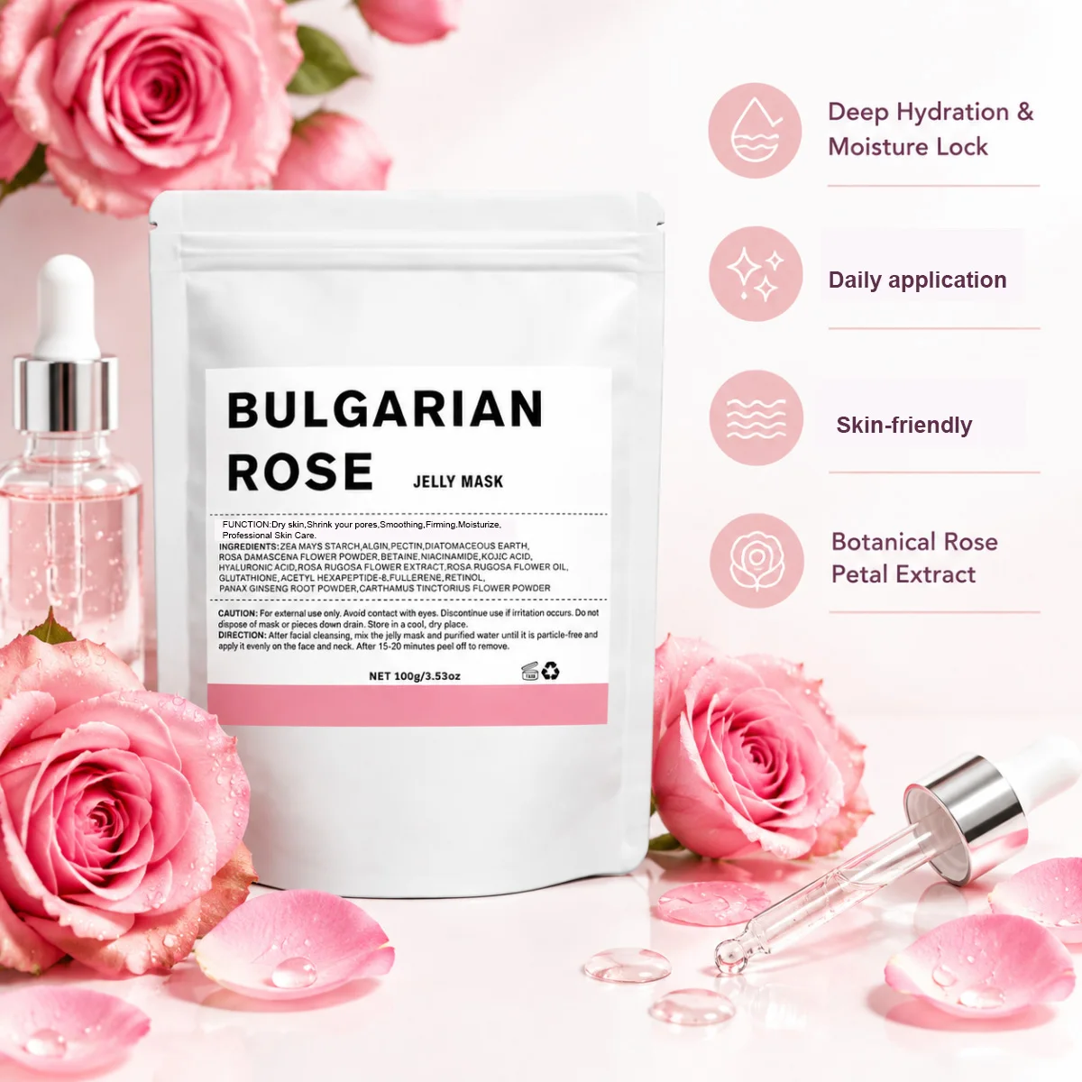 Bulgarian Rose Jelly Facial Mask Powder - Moisturizing and firming, rich in hyaluronic acid. Ideal gift choice for Christmas.