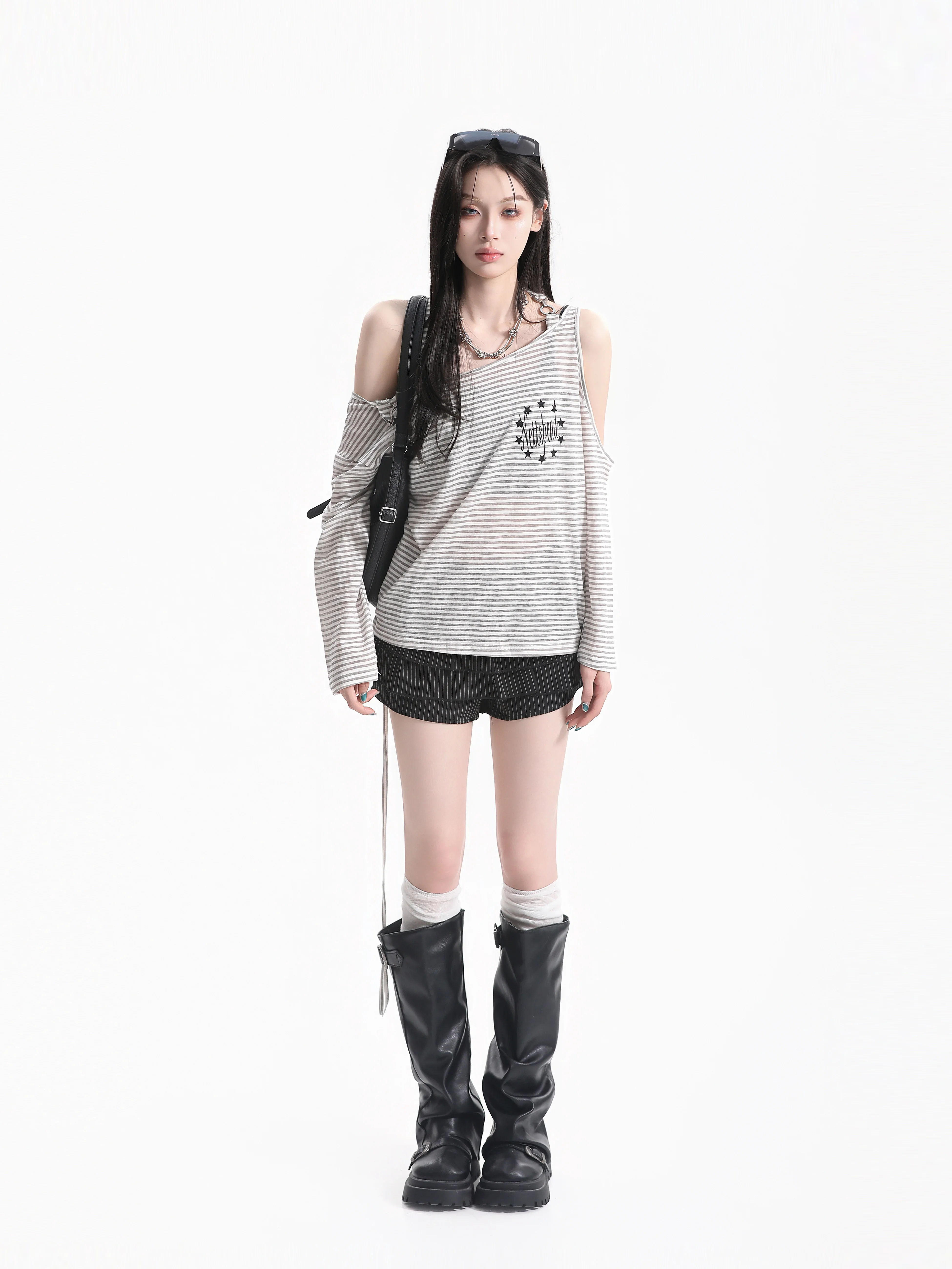 Slimming Effect American Style T-Shirt Shoulder Bared Long Sleeve Star Print Casual Top for Women Breathable Comfortable Wear