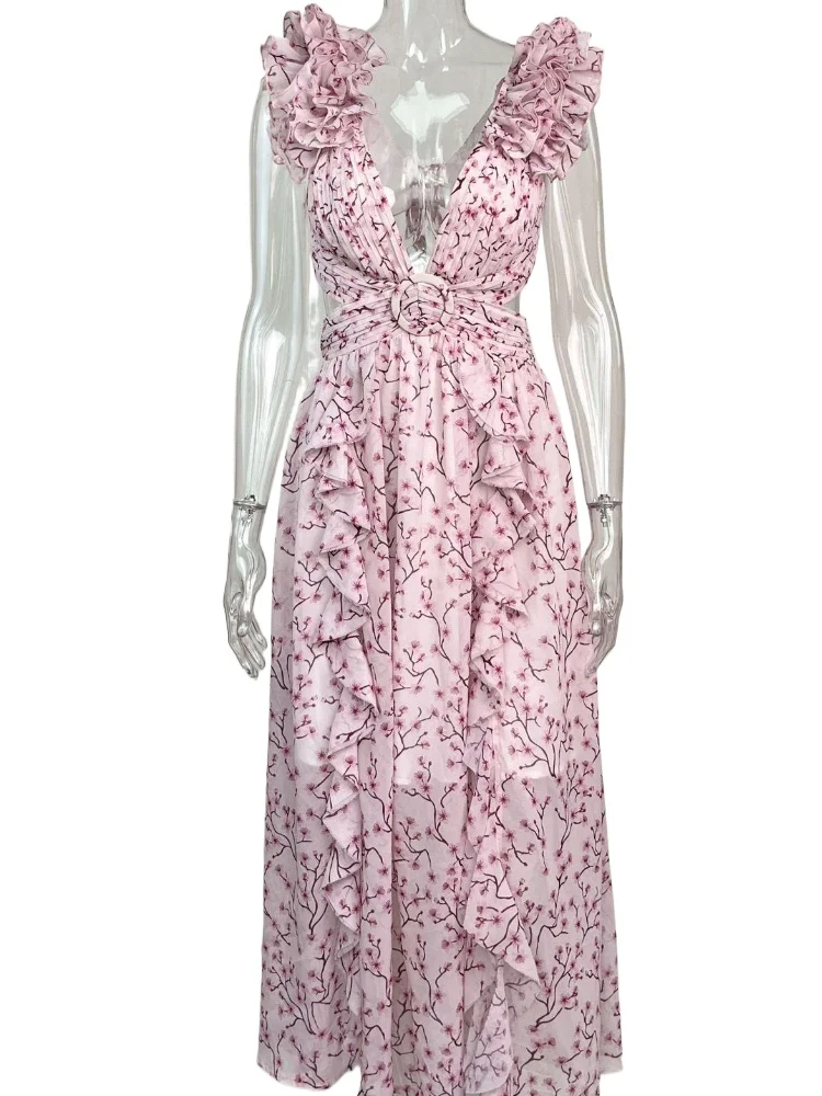 

Sexy Waist Hollow Backless Deep V-neck Ruffle Floral Print Long Dress