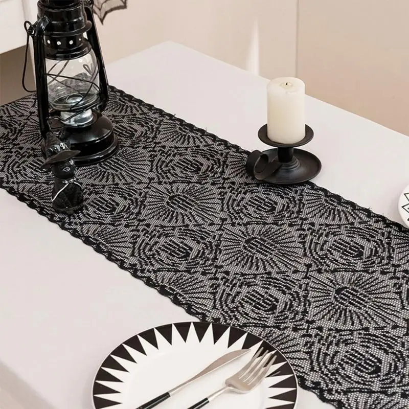 Black Lace Halloweens Table Polyester Fabric Party Decoration Wrinkle Resistant Machine Washable Designs A2BB