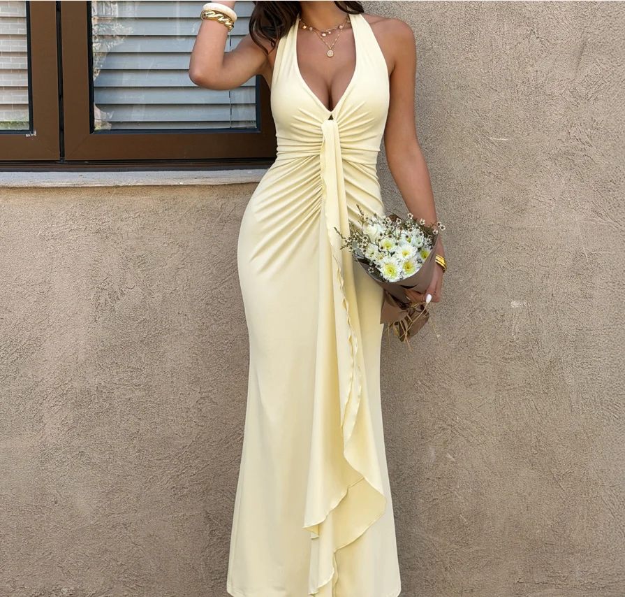 

Women's Dress Summer New Sexy Style Solid Color Low Cut Deep V-Neck Pleated Ribbon Splicing Backless Design Hanging Neck Dress