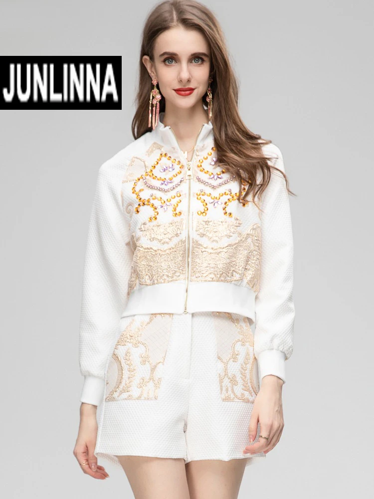 JUNLINNA Jacquard Emboss Beading Two Piece Sets Autumn Winter Jacket+Shorts Women Sweets Suit