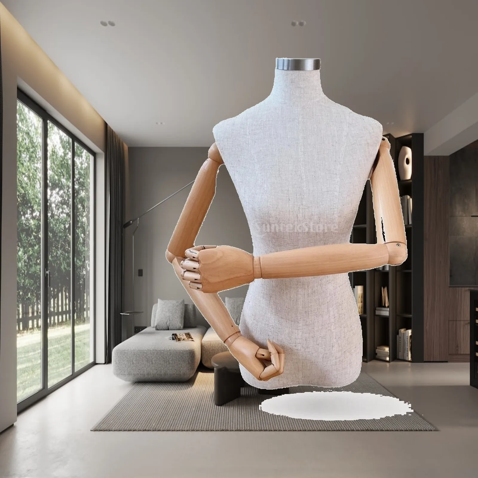 Mannequin with Wooden Arms clothCovered Female Mannequin Torso Half-Body Torso with Wooden Arms for Stylists, Clothing Stores,