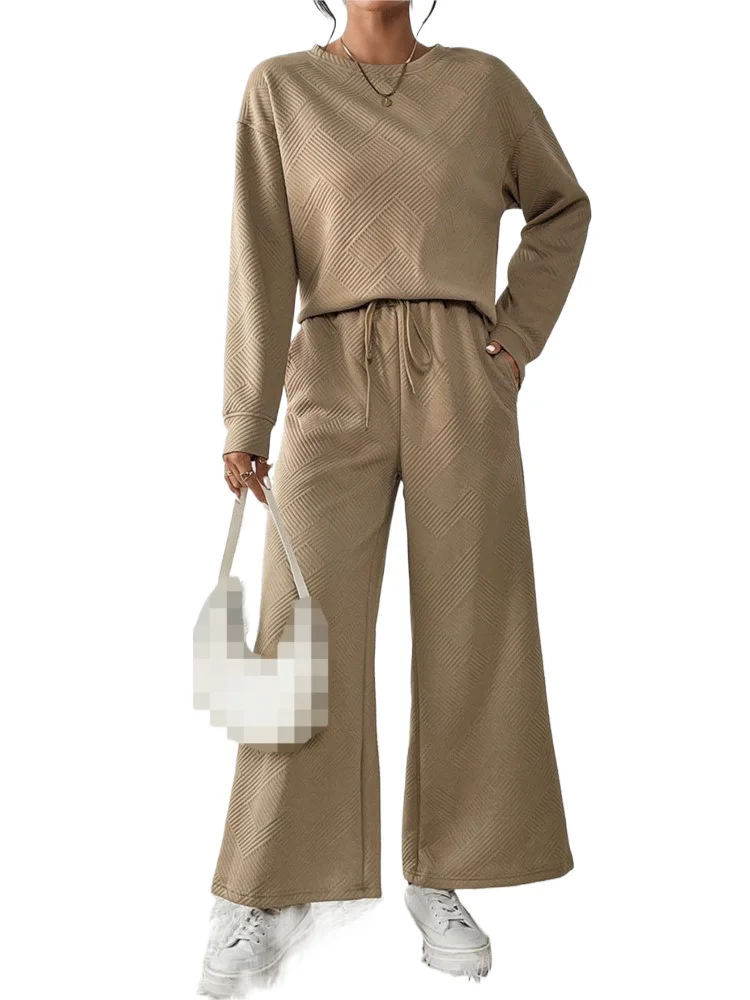 

Loose Simple Solid Color Casual Suit Women In Spring Autumn New Texture Drawstring Waist Cinching Sportswear For Women