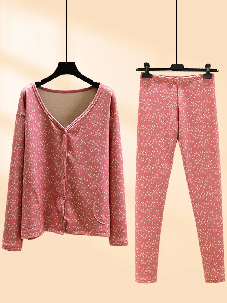 

Женский кардиган с v-образным вырезом на подкладке Thiened Fce, комплект домашней одежды, зимний повседневный теплый пинг, комплект из двух предметов, бренд July Deer