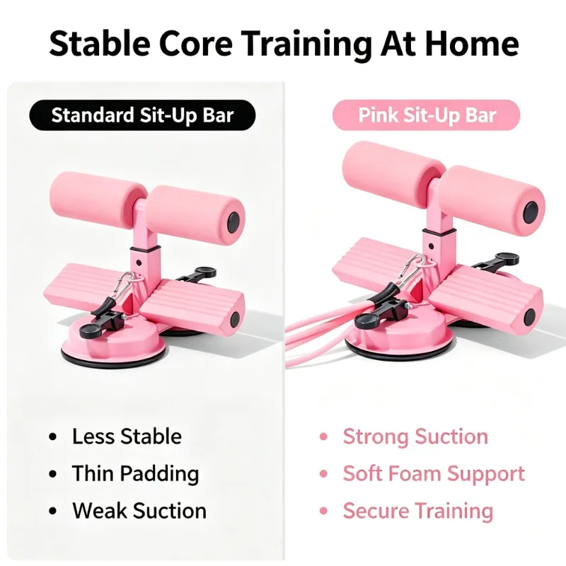 Pink Suction Cup Sit Up Assist Device with Resistance Bands for Home Abdominal Training and Core Strengthening Exercise