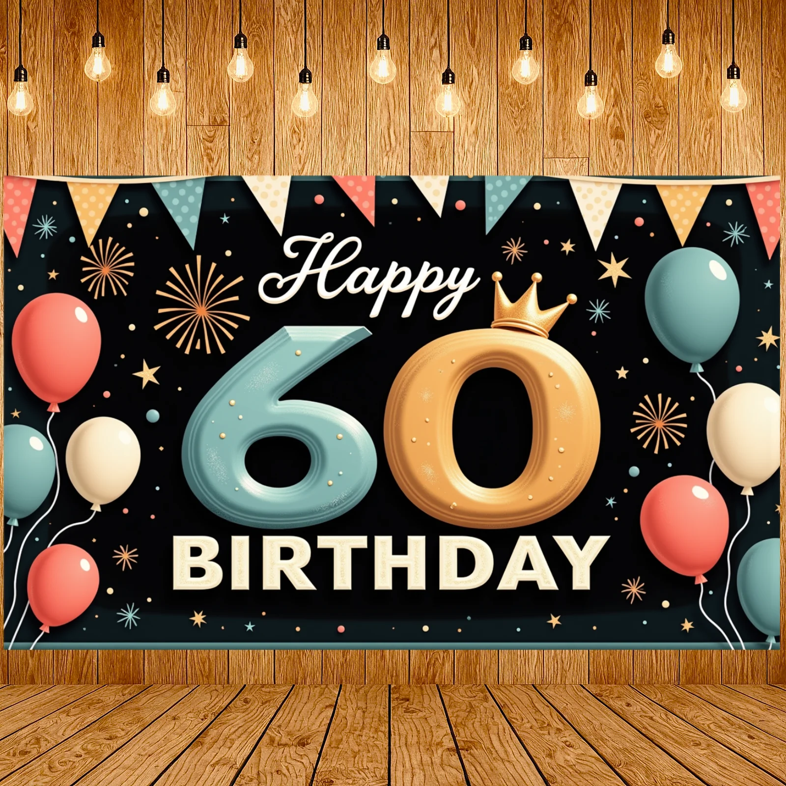 

Happy 60 Birthday Banner Retro Font Royal Birthday Backdrop Adult Birthday Background Multicolor Decor For Indoor Party
