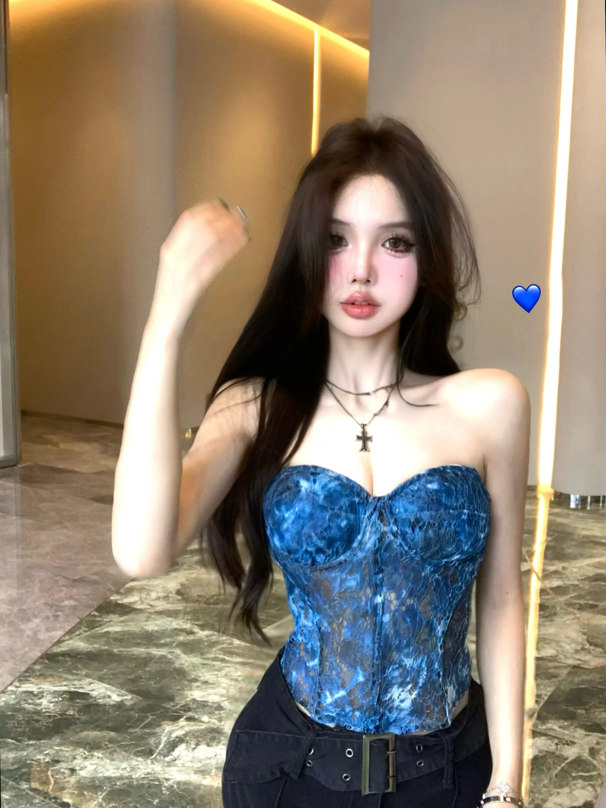 

Женская майка Kumikumi с синим окрашиванием и узором «рыбья кость», кружевная, без рукавов, летняя, повседневный стиль, из полиэфирного волокна, приталенная, верхняя одежда