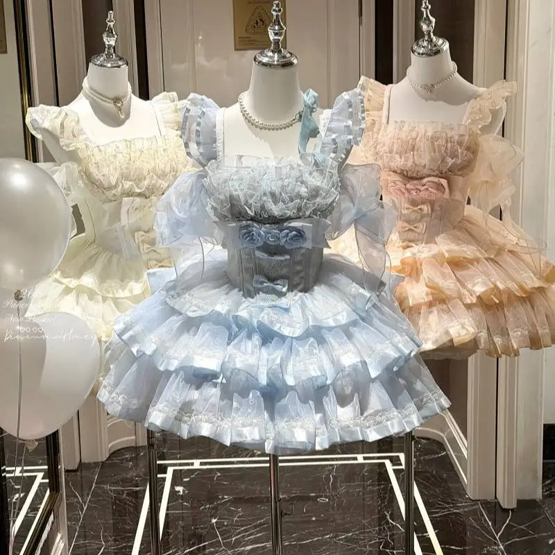 Flower Girls Light Blue Corset Lolita Dress 3D Floral Decor High‑low Trailing Tulle Skirt Elegant Princess Evening Party Outfit view 5