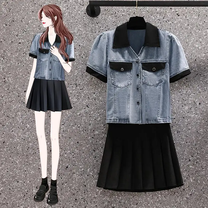 Women y2k Suit Denim POLO Shirt Top And Mini Pleated Skirt Two Piece Set Matching Outfit Female Vintage 2022 Summer Clothing