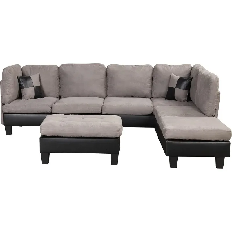 

Modern Microfiber and Faux Leather Sectional Sofa with Reversible Chaise & Ottoman, Large Living Room Furniture