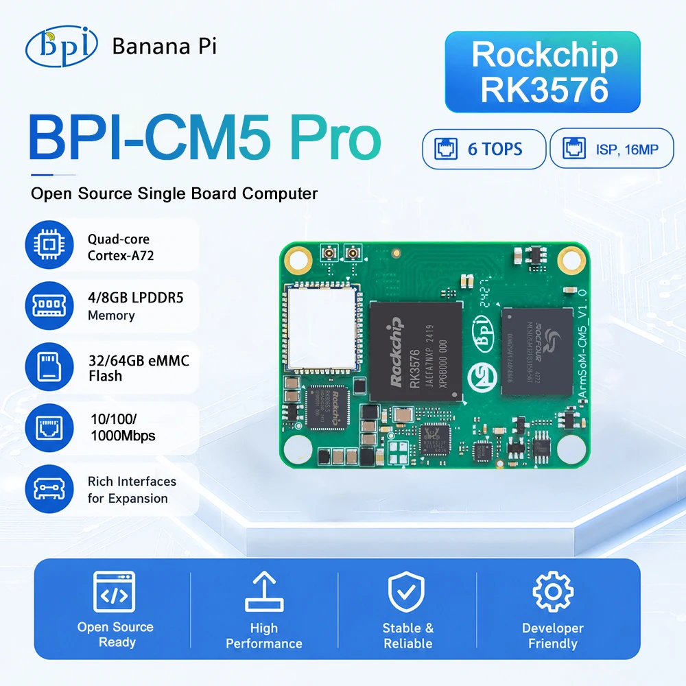 Banana Pi BPI-CM5 Pro Rockchip RK3576 Quad-core Cortex-A72 8GB RAM 64GB eMMC Up to 6 TOPS  Smart SBC Single Board Computer