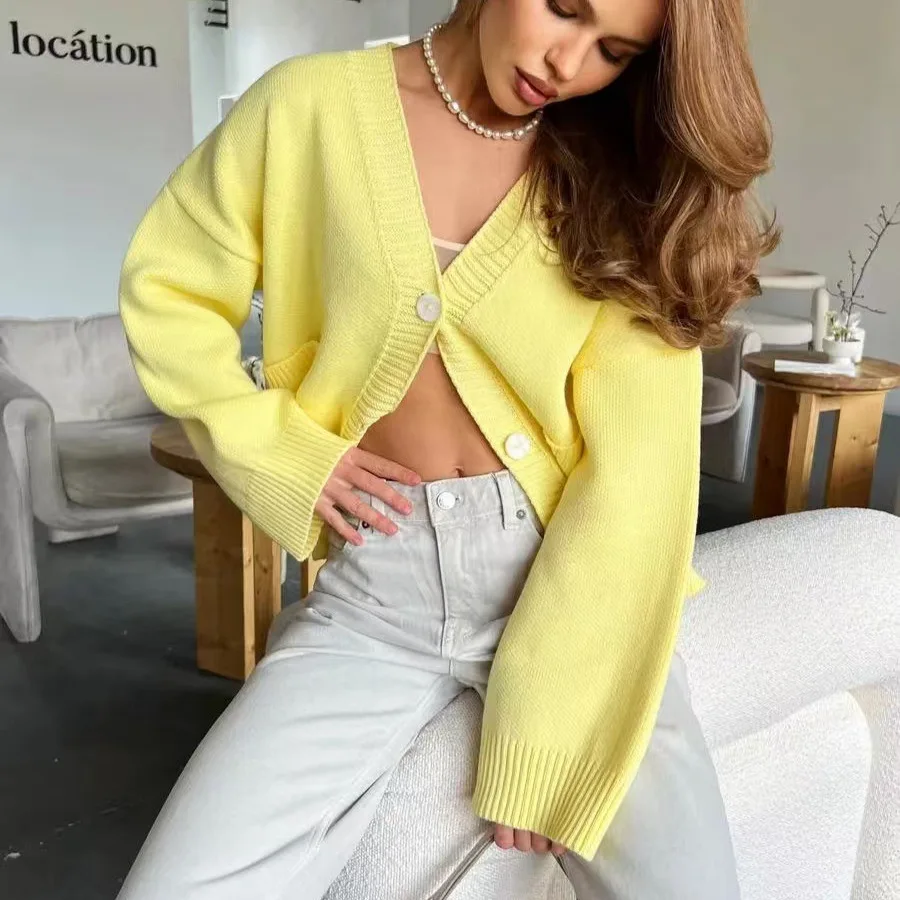 

Casual Loose Solid Color Knitted Pocket Long-sleeved Women's Top Simple And Elegant Multi-functional Sweater Women Cardigan 2025