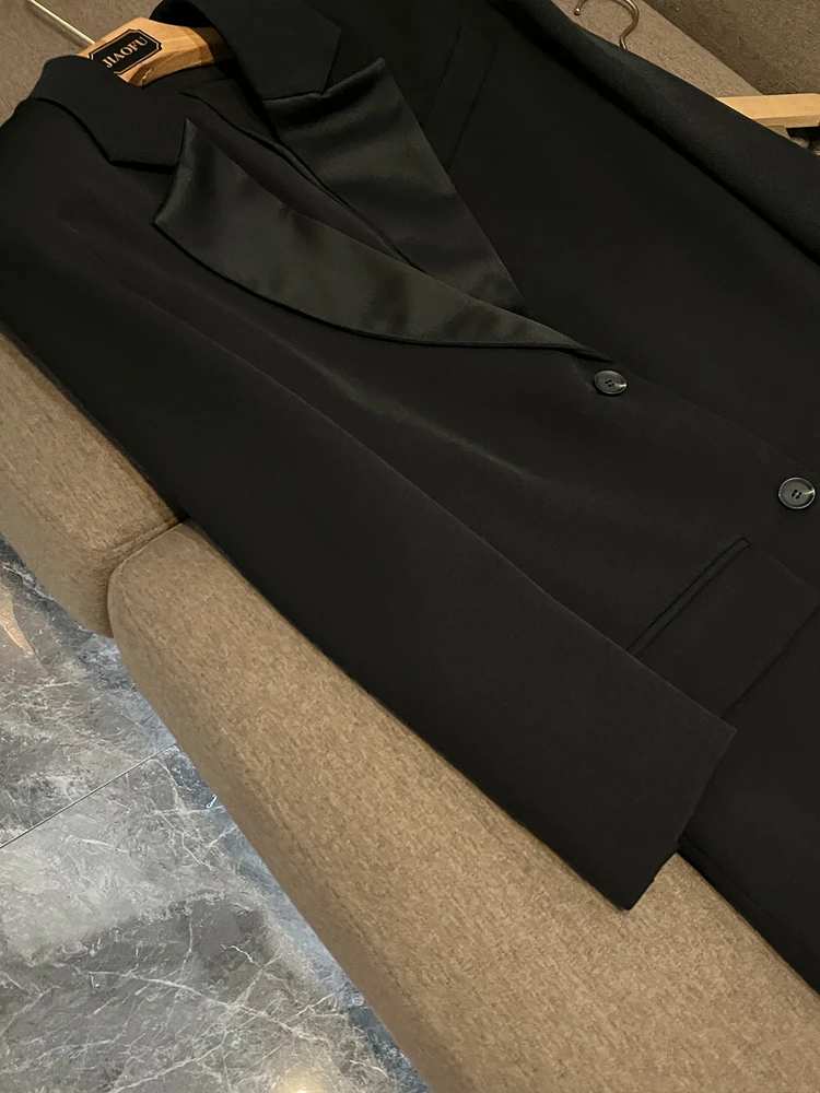 

Design Sense Patchwork Satin Wide oulder Commute Sle Women's Jaet Long Sve Flat Collar Mid-Length Outerwear