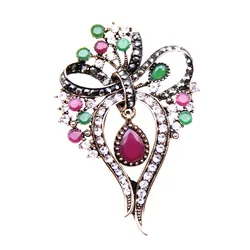 Vintage Women Bow Brooch Turkish Dress Brooch Crystal Antique Gold Color Indian Resin Pins Bohemia Bride Jewelry Sunspicems
