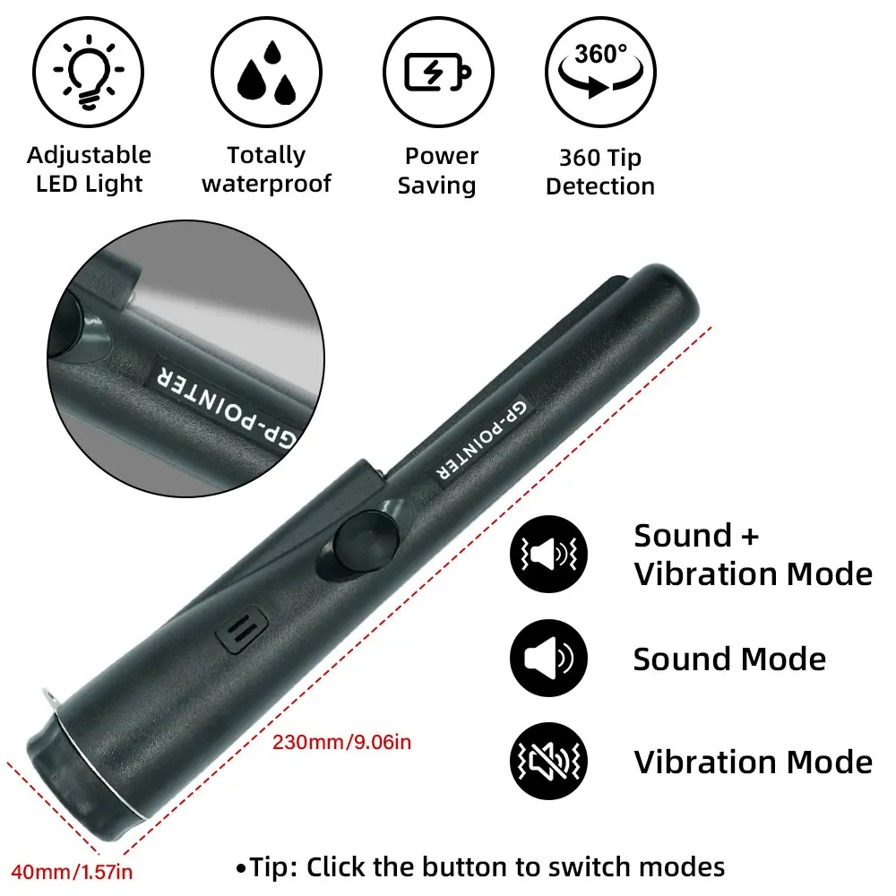 เครื่องตรวจจับโลหะแบบพกพาคุณภาพสูง GP-pointer กันน้ำ พร้อมแท่งระบุตำแหน่งและไฟ LED แบบสายรัดข้อมือ