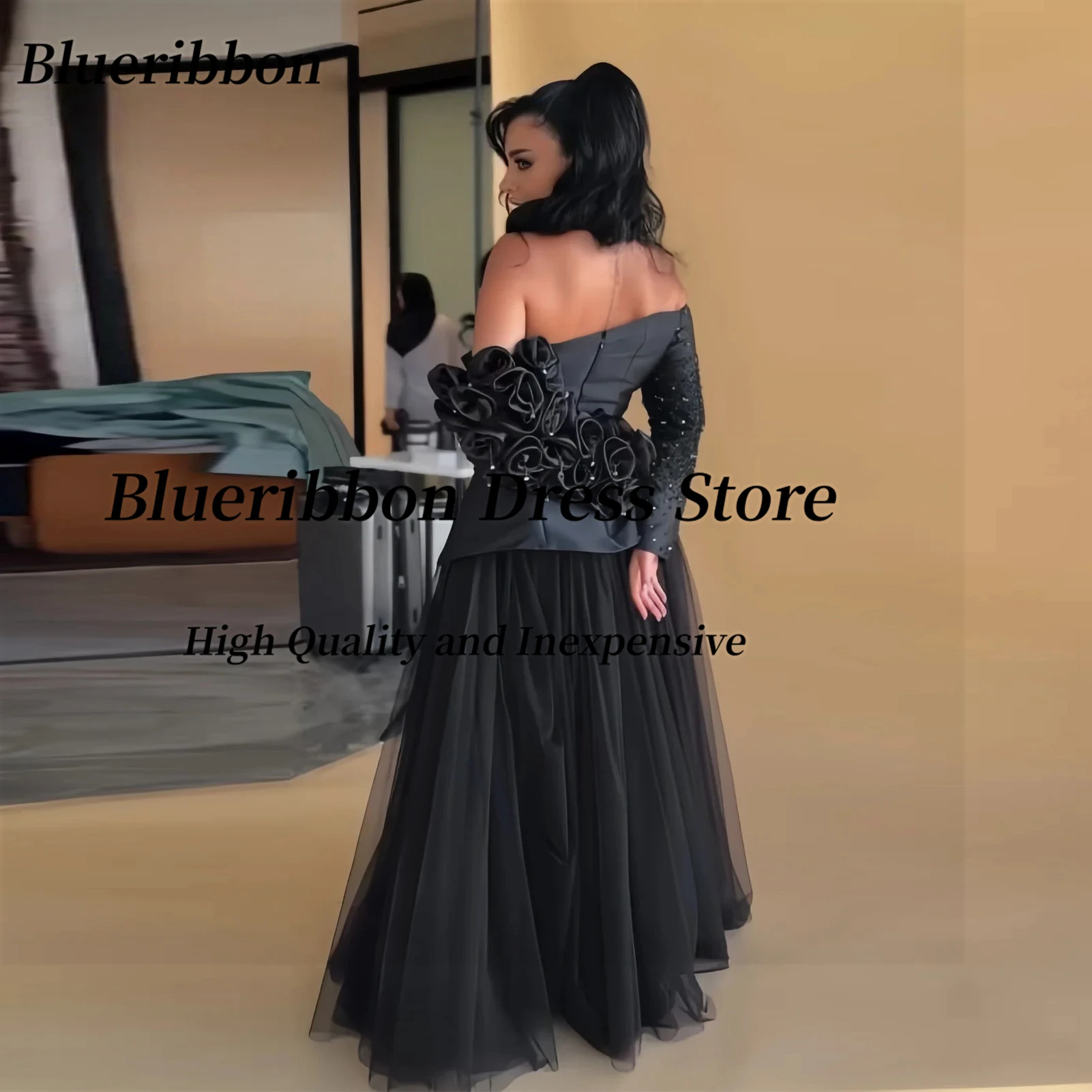 Blueribbon Customized Beaded Flowers Long Sleeves Prom Dresses Zipper Back Saudi Arabia Party Dress Tulle Evening Gowns