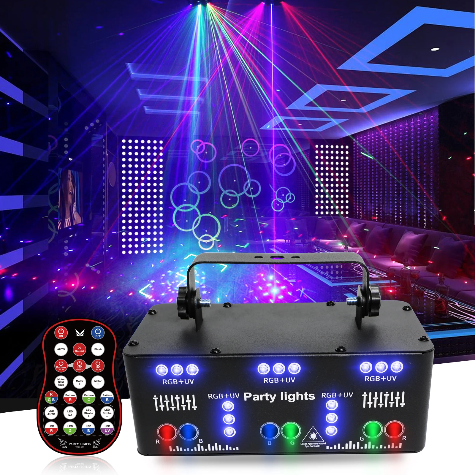 HCWE 21 LENS DJ Disco Beam Patterns Stage Laser Light Projector Party Lights UV LED Strobe Sound Party Holiday Wedding Articles