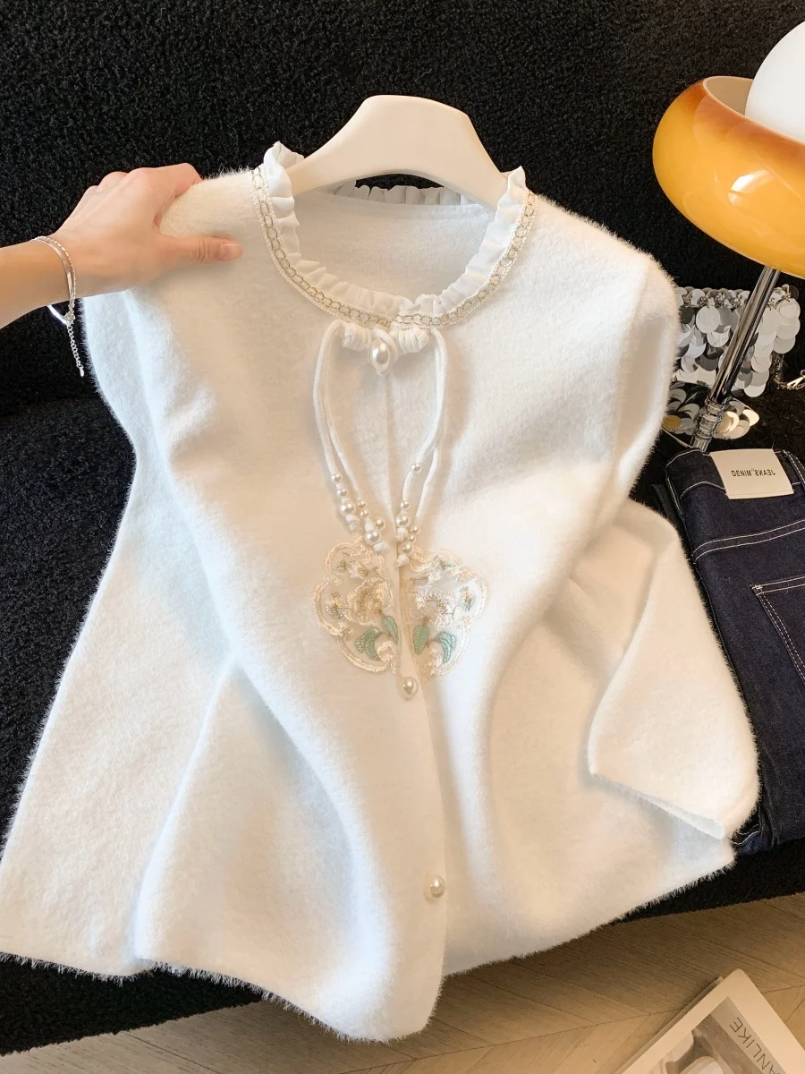 

New Chinese Sle Loose Faux Mink Jaet plus Size Lazy Faionable Top Women's Casual Wear Spring Season round Ne Button up