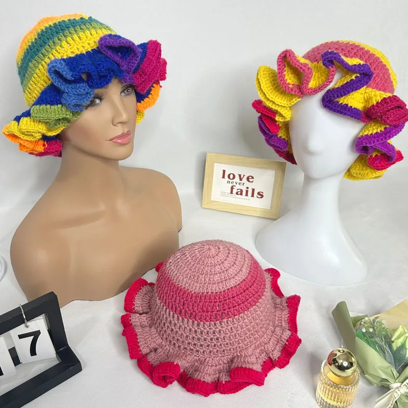 New Colorful Crochet Ruffle Brim Knit Bucket Hats Woman Handmade Stretch Fisherman Caps Winter Outdoor Warm Windproof Beanie Hat