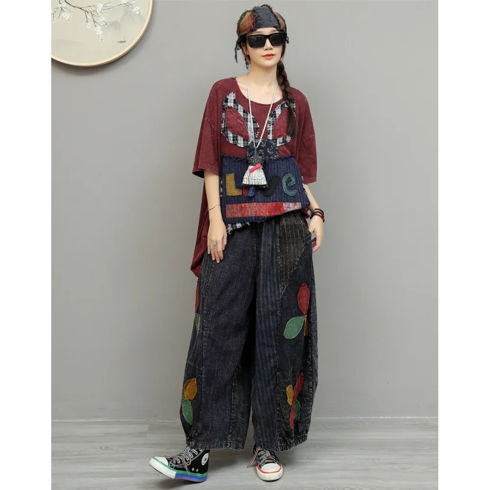 

Youthful Suit For Women 2026 Spring Niche Vintage Patchwork Short-Sleeve T-Shirt + Loose-Fitting Cropped Wide-Leg Pants XY92