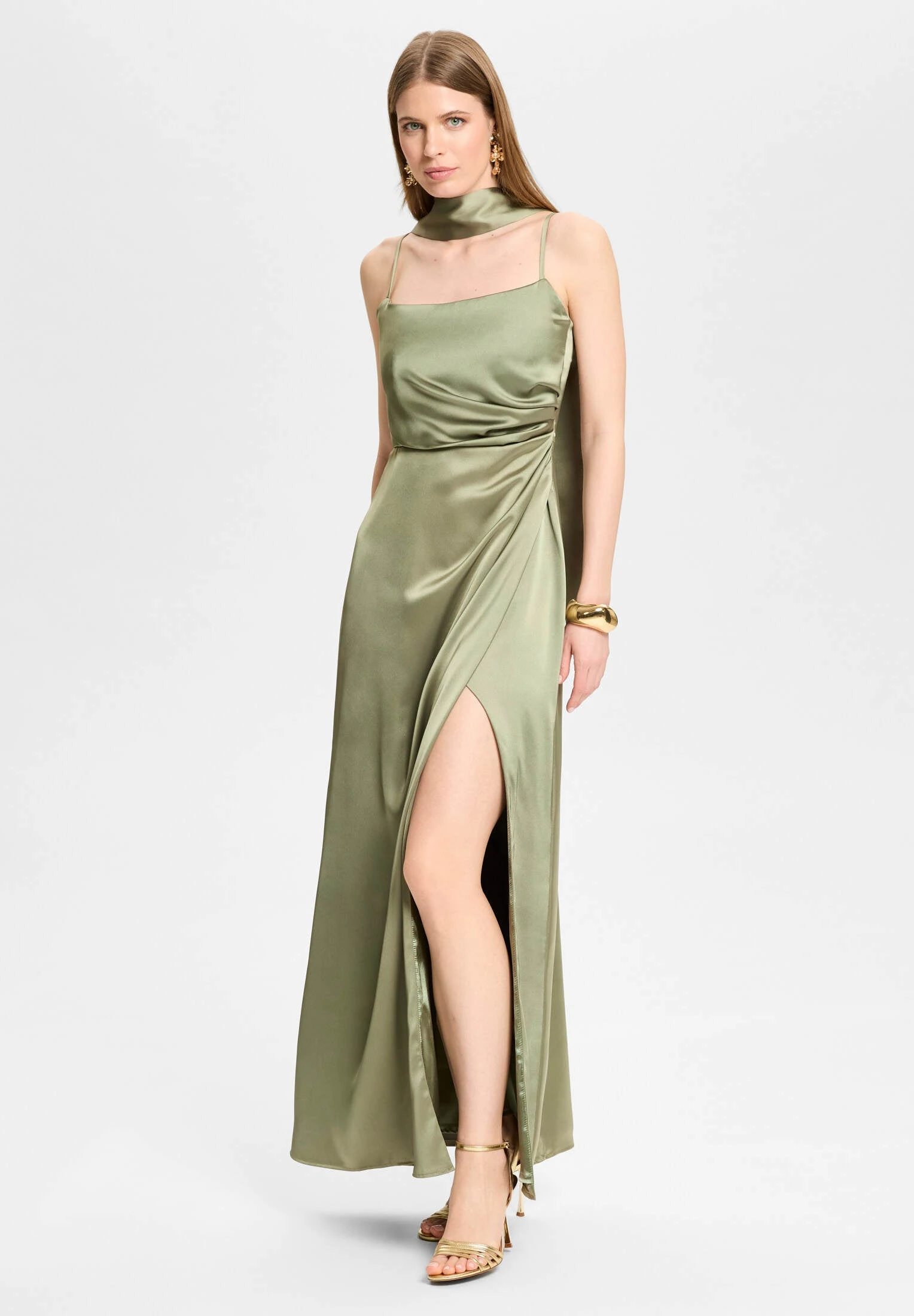 

Square Collar Satin Slim Evening Dress With Spaghetti Straps Sexy High Slit Tea Length Prom Formal Night Dresses Cocktail Gown