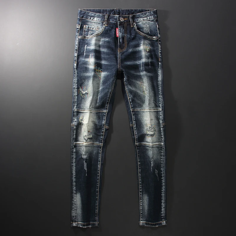 Pantalones vaqueros rasgados para hombre, Jeans Retro elásticos, ajustados, bordados de diseñador, empalmados de Hip Hop, color negro y azul