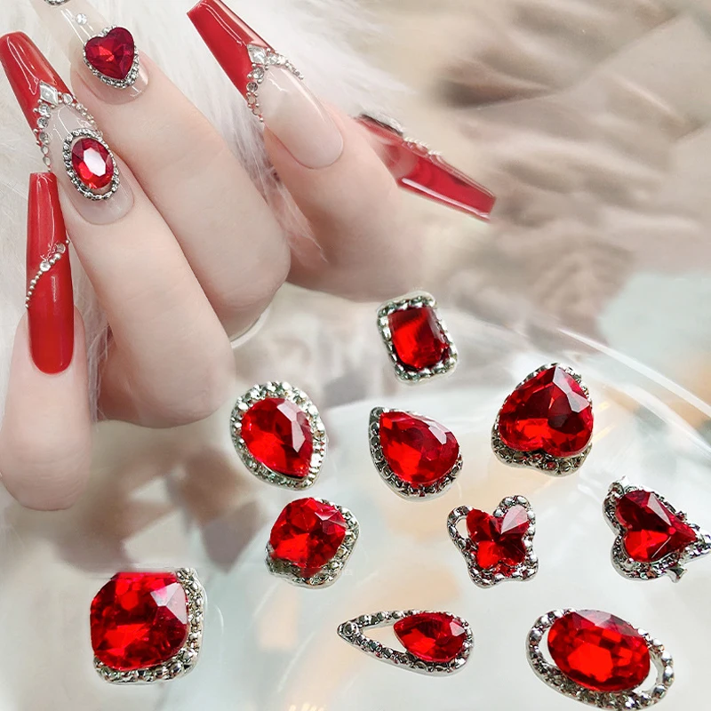 10 pçs decoração de unhas de ano novo vermelho manicure diamante brilhante strass estilos diferentes charme de unhas cristal diy