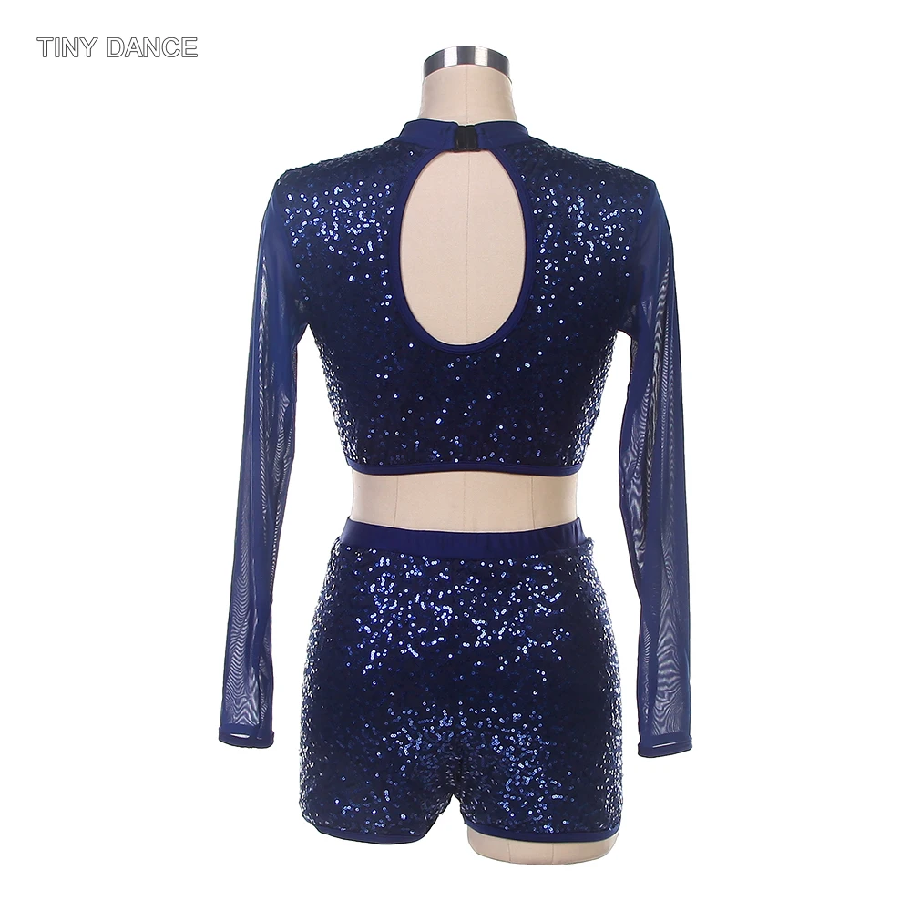 

Лирический современный танцевальный костюм, комплект 2-в-1, бюстгальтер с длинными рукавами, топ с блестками, шорты из спандекса, одежда для выступлений на сцене 20508