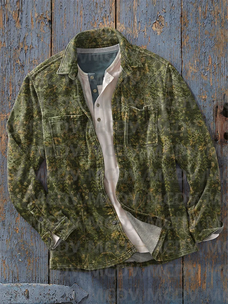 Men's Vintage Art Print Casual Long Sleeve Shirt Casual Button Shirt - Image 2