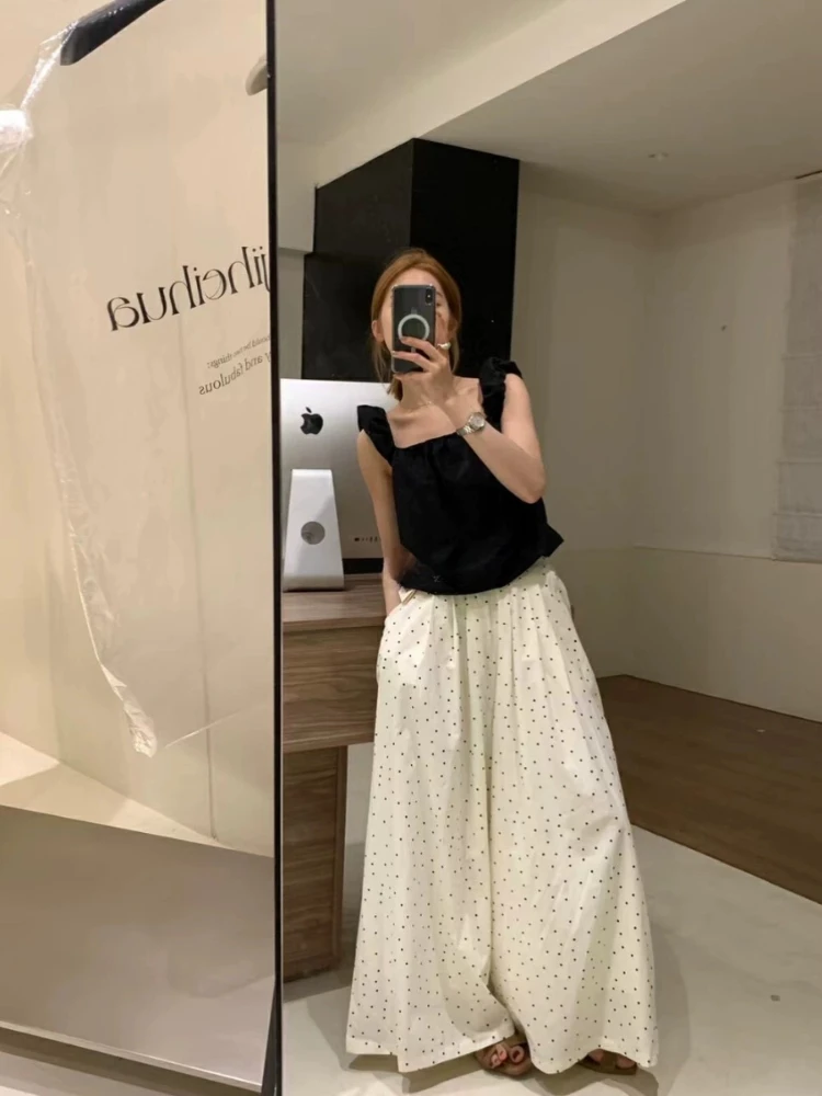 2024 Summer New Korean Style Elastic Waistband Polka Dot Casual Pants Women\'s High Waist Loose and Slimming Wide Leg Pants