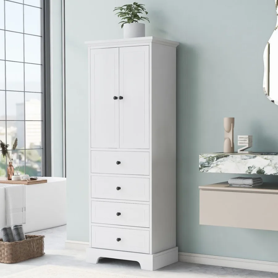 

Storage Cabinet with 2 Doors and 4 Drawers for Bathroom Office Adjustable Shelf MDF Board with Painted Finish White
