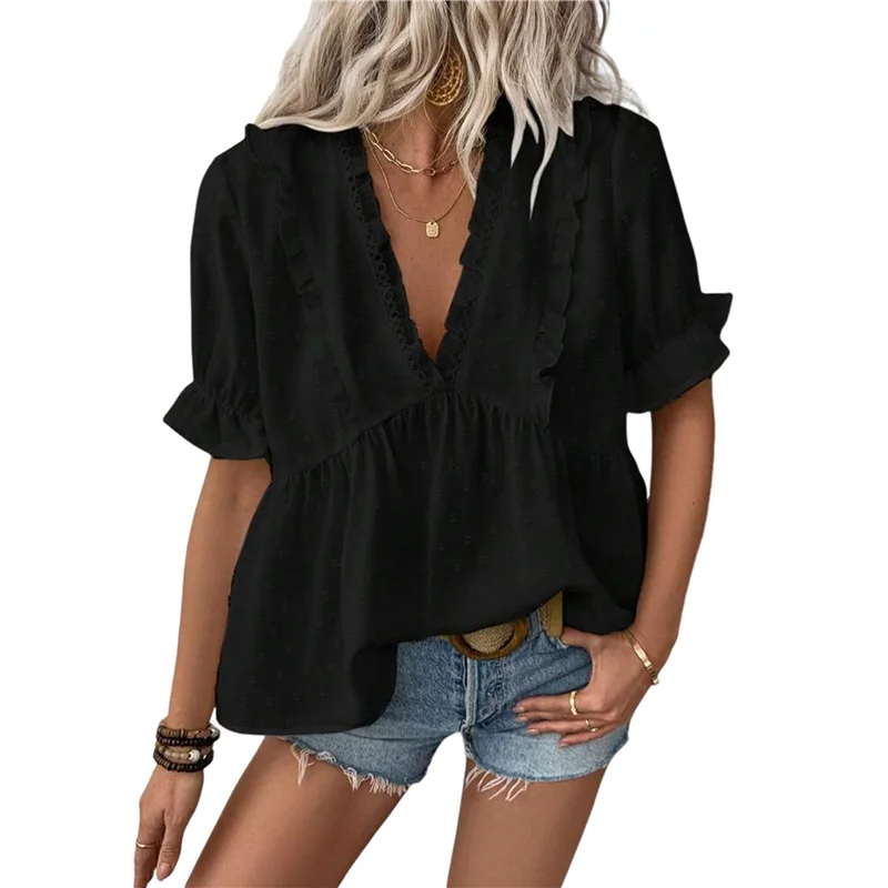 

AOAO-Women's Summer Short Sleeve Babydoll Top Ruffle V Neck Dots Flowy Shirt Blouse