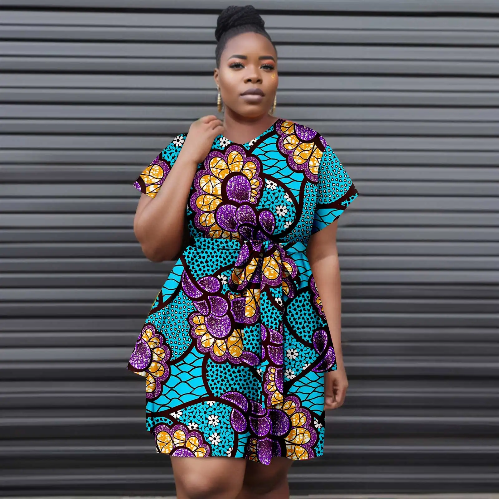 African Women's Plus Size Dresses Ankara Printed Fabric Short Sleeve Sexy Waistband Cotton Dress Short Dresses A2325035