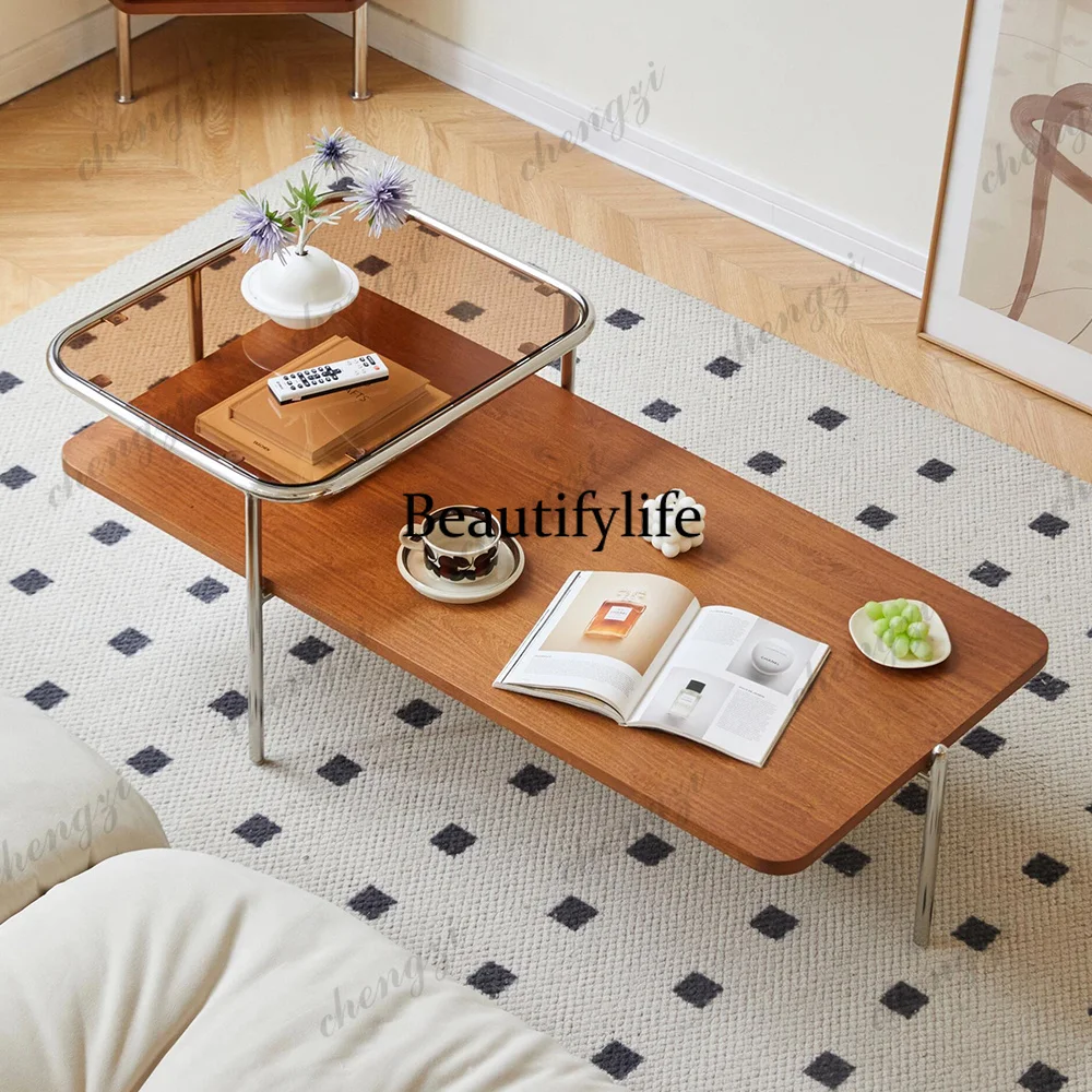 

​​Mid Century Modern Solid Wood Coffee Table 2-Tier Stainless Steel Frame Tempered Glass