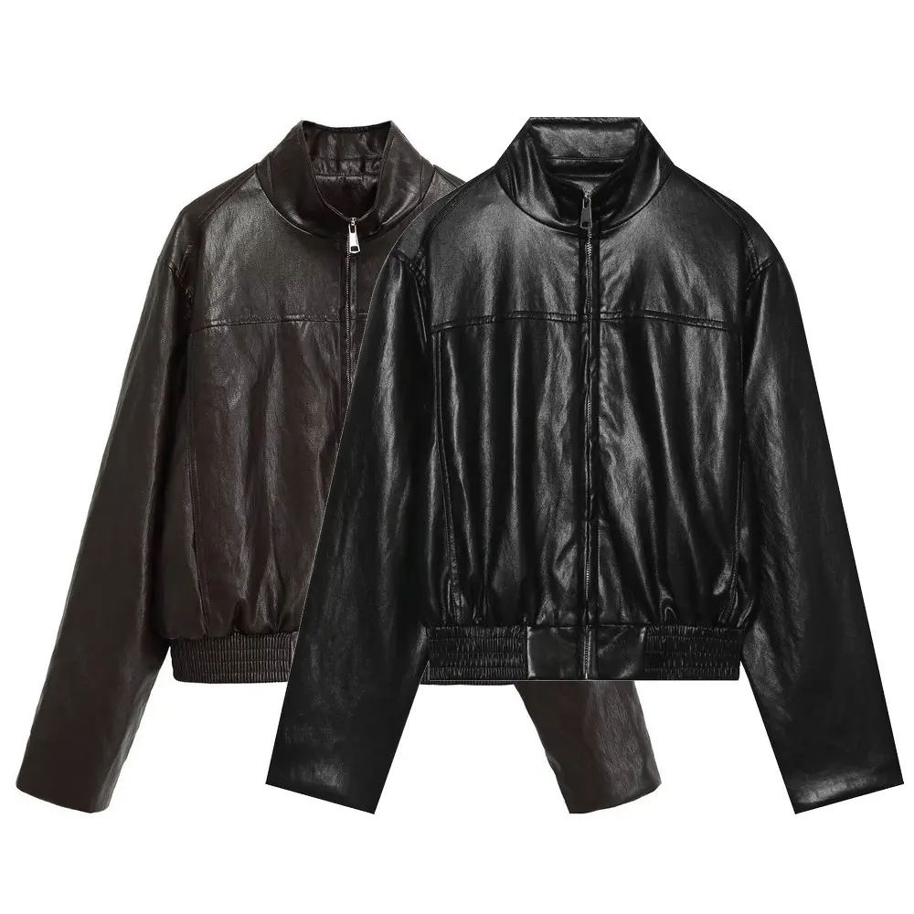 

2026 New Women's Retro Faux Leather PU Loose Bomber Jackets Lady High Street Moto Biker Zip-up Short Oversized Flight Coats Tops