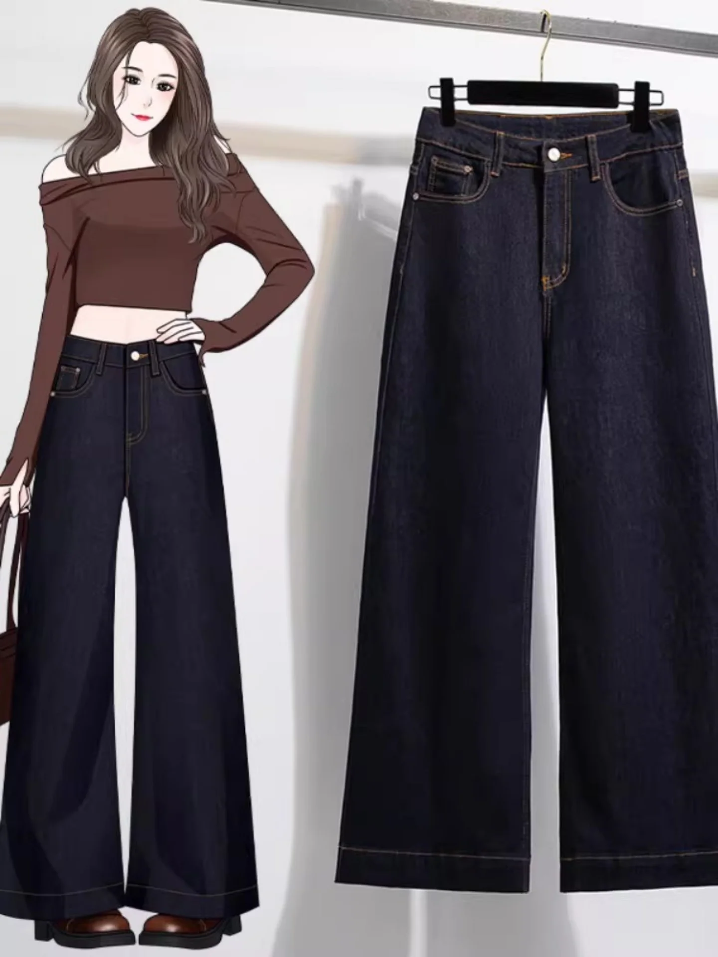 

Женские синие джинсы Slim Fit с широкими штанинами, весенние, для раннего сезона, с высокой талией, свободные, удобные, тонкие, в стиле ретро, в гонконгском стиле