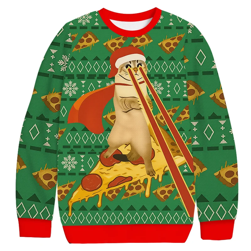 Funny Pizza, Dry Rice Man, Kitten, Christmas Sweater, 3D Thin Velvet, Adult, Male, Female, Children,couple,family,holiday Hoodie