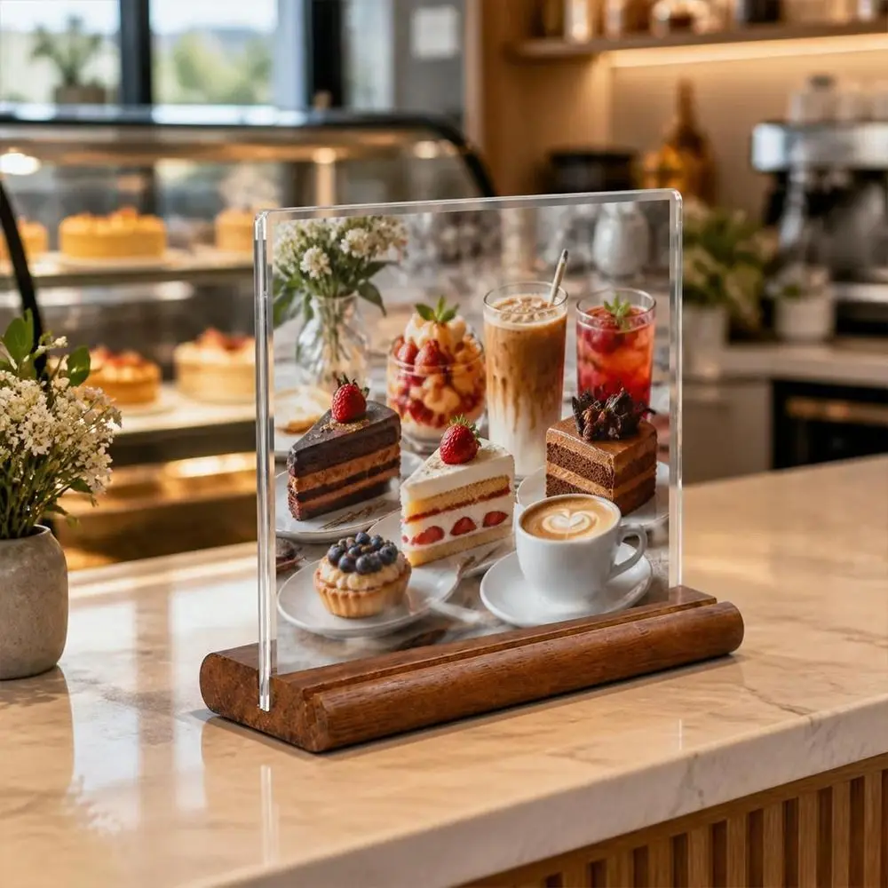Transparent Acrylic Table Sign Card Holder Vertical Standing Solid Wood Base Acrylic Sign Holder Beech Wood Material