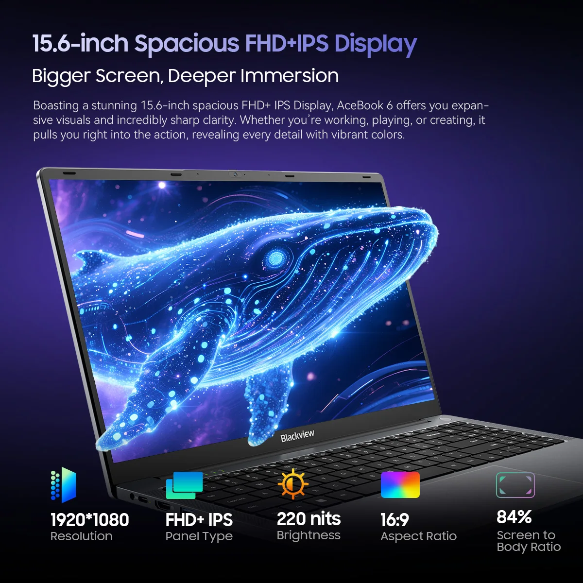 블랙뷰 에이스북 6 노트북 15.6인치 FHD+ IPS 스크린 인텔 트윈레이크 N150 CPU 16GB DDR4 512GB SSD 36Wh 배터리 윈도우 11 노트북