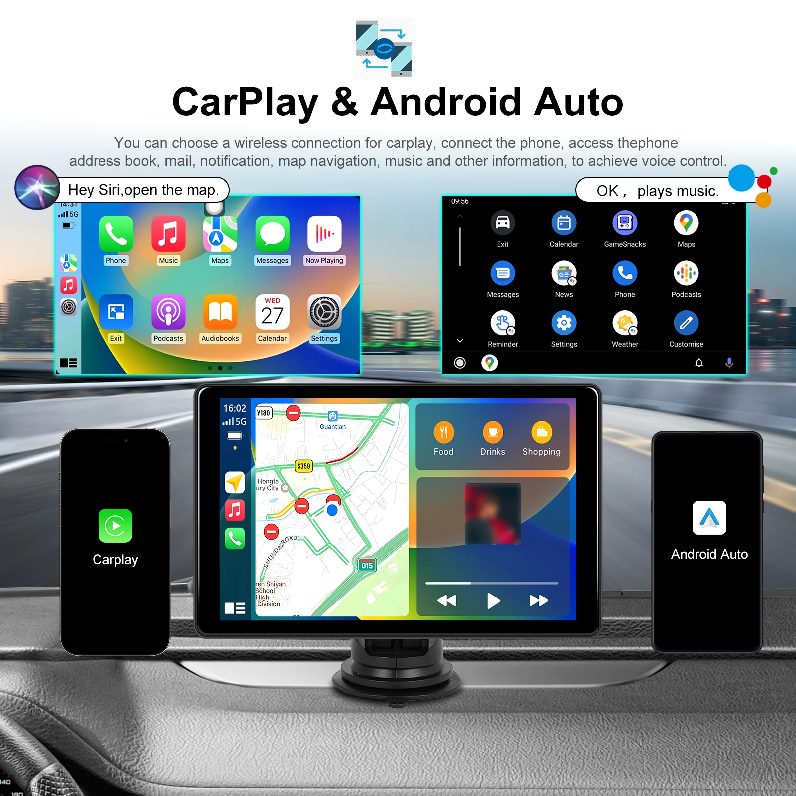 Podofo 8inch 4+64G Android Car Video Player autoradio HD Screen CarPlay Suppport Rear Camera Supports Android Auto Apple Airplay