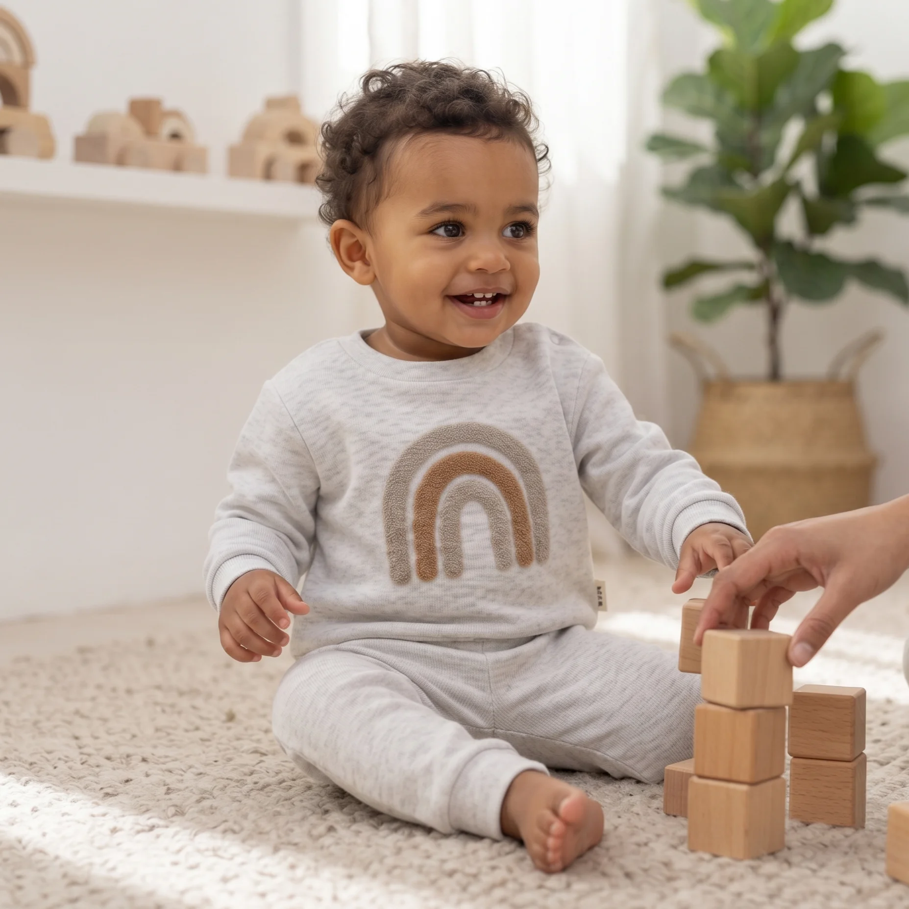 Ins Minimalist Light Gray Toddler Suit 3D Rainbow Patch Sweatshirt Cuff Pants Newborn Daily Wear Outfit