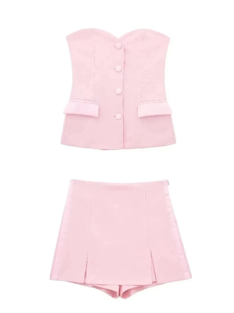 Ensemble short rose élégant pour femmes, épaules dénudées, débardeur sans bretelles, jupe courte fendue, mode Y2K, tenue de rue